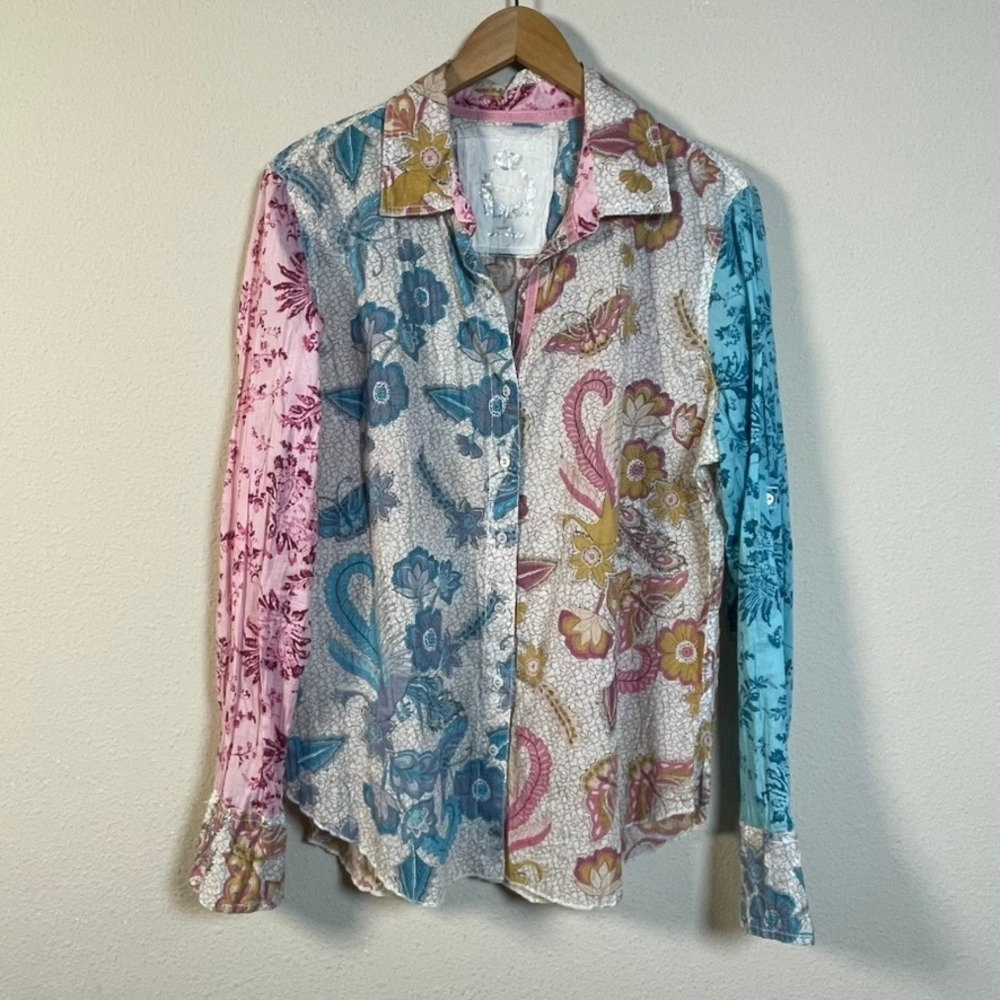 Cino Patchwork Floral Button Down Shirt Womens Large Blue Pink Cotton Boho Boho